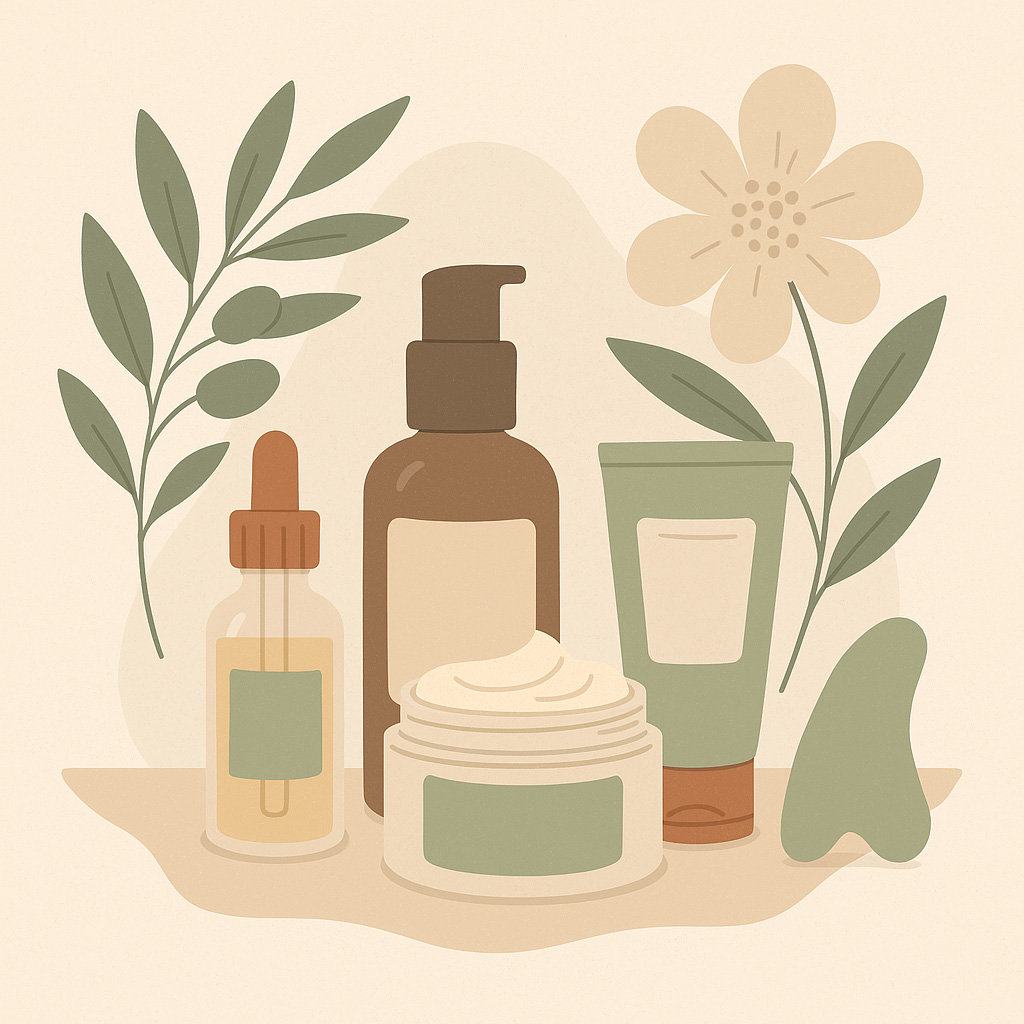 ilustración de cuidado facial natural con aceites esenciales